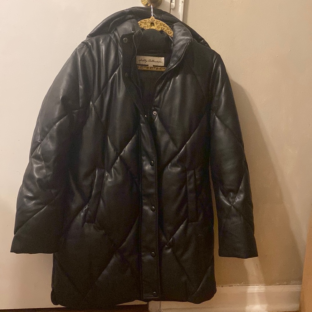 Sebby faux leather quilted coat with hood